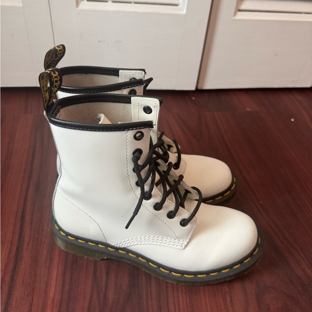 White Lace-Up Boots with Black Trim